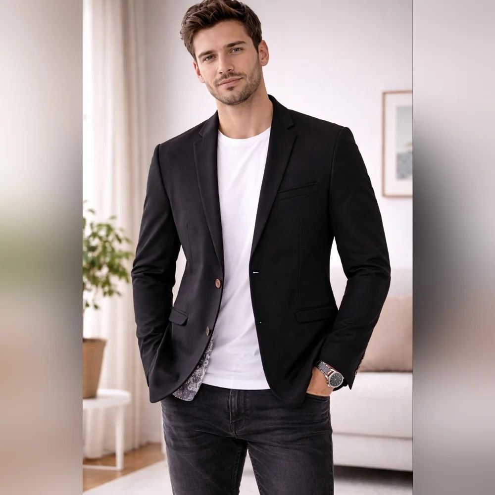Men’s Black Tailored Blazer Single Button Classic Slim Fit Jacket Size 5XL